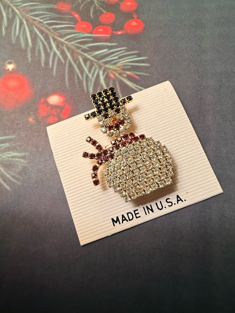 Crystal Beaded Snowman Brooch - Gold and Red Accent
